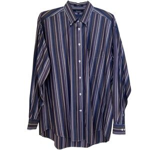 Facconable Navy Blue/Brown Cotton Striped Shirt L